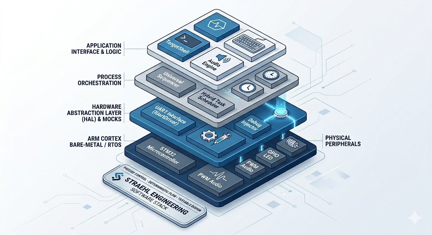 Hybrid embedded Software Stack, monitoring, error injection, sequencer, Task scheduler, ARM Cortex STM32, NXP, ESP32, C++